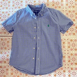 Boys size 6 button down short sleeve blue and white checkered Polo shirt